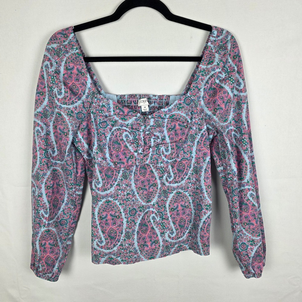 J.Crew Women Pink Blue Paisley Floral Smocked Back Square Neck Top Size 4